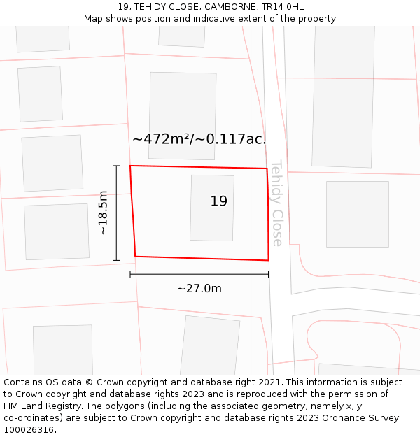 19, TEHIDY CLOSE, CAMBORNE, TR14 0HL: Plot and title map