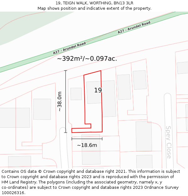 19, TEIGN WALK, WORTHING, BN13 3LR: Plot and title map