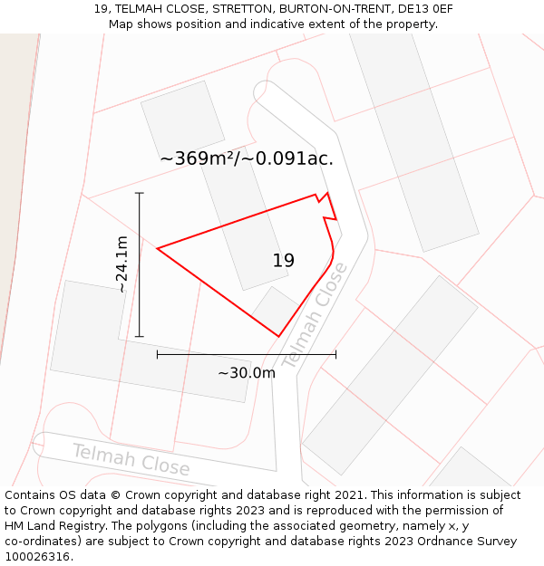 19, TELMAH CLOSE, STRETTON, BURTON-ON-TRENT, DE13 0EF: Plot and title map