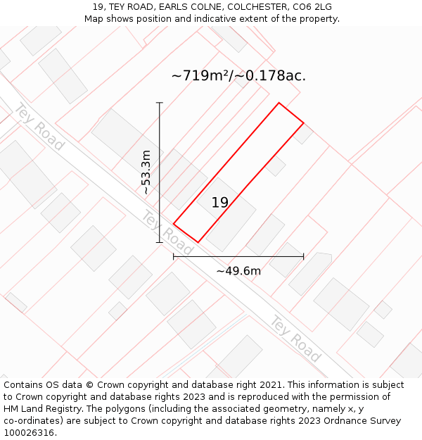 19, TEY ROAD, EARLS COLNE, COLCHESTER, CO6 2LG: Plot and title map