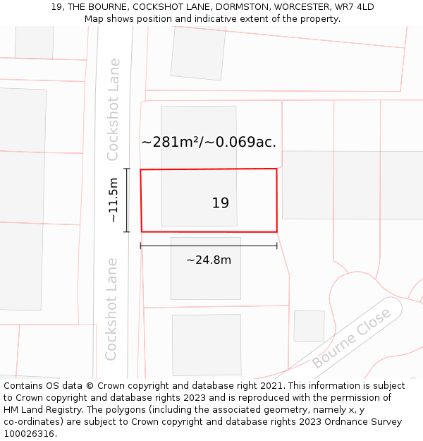 19, THE BOURNE, COCKSHOT LANE, DORMSTON, WORCESTER, WR7 4LD: Plot and title map
