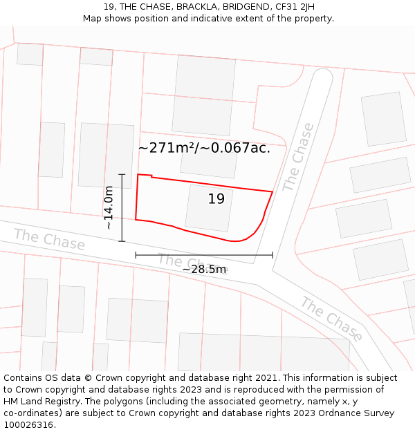 19, THE CHASE, BRACKLA, BRIDGEND, CF31 2JH: Plot and title map