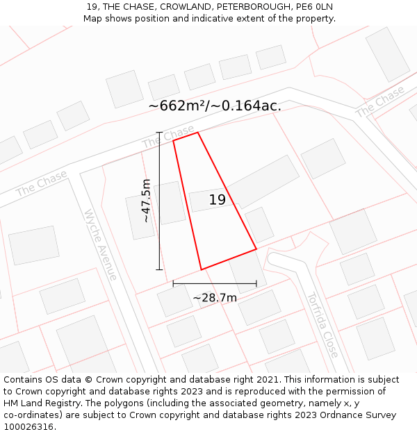 19, THE CHASE, CROWLAND, PETERBOROUGH, PE6 0LN: Plot and title map