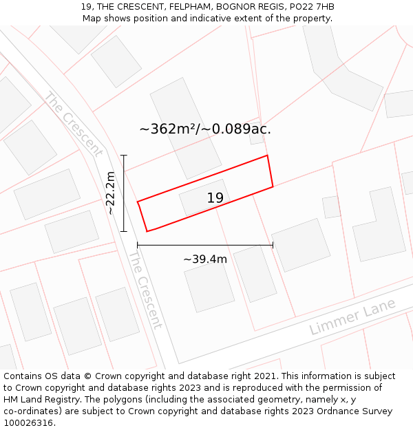 19, THE CRESCENT, FELPHAM, BOGNOR REGIS, PO22 7HB: Plot and title map