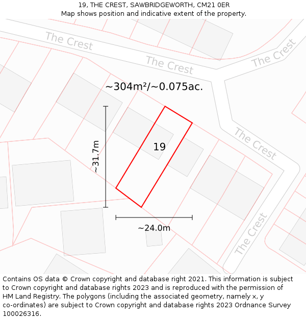 19, THE CREST, SAWBRIDGEWORTH, CM21 0ER: Plot and title map