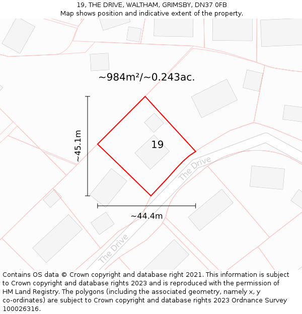 19, THE DRIVE, WALTHAM, GRIMSBY, DN37 0FB: Plot and title map