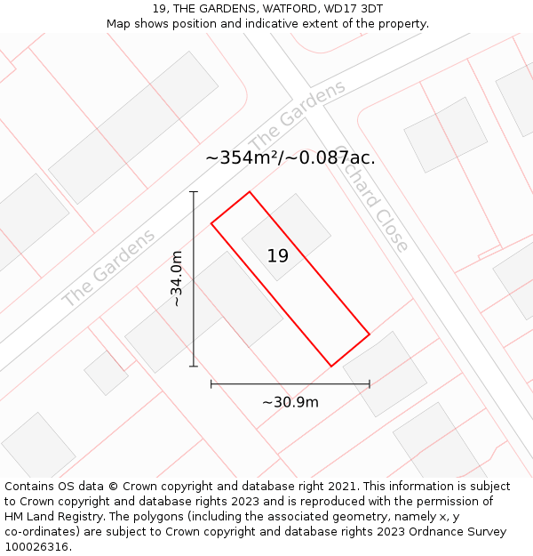 19, THE GARDENS, WATFORD, WD17 3DT: Plot and title map