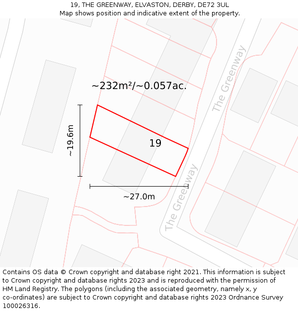 19, THE GREENWAY, ELVASTON, DERBY, DE72 3UL: Plot and title map
