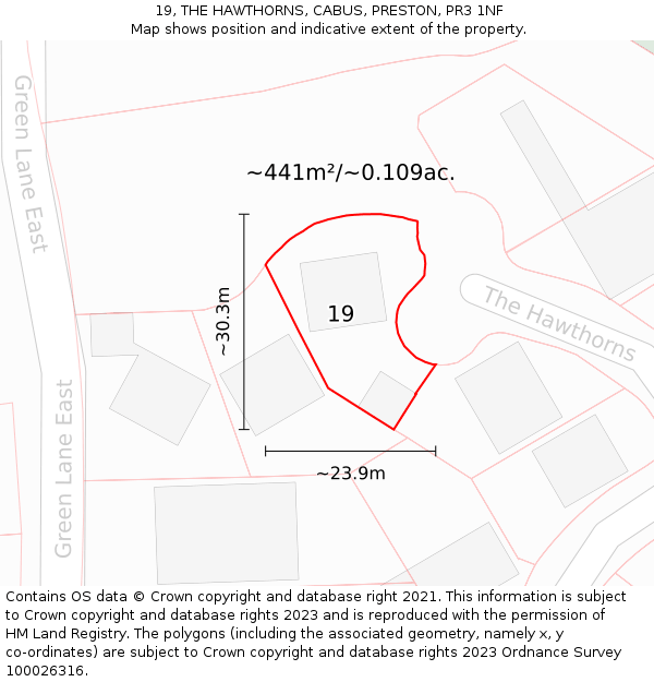 19, THE HAWTHORNS, CABUS, PRESTON, PR3 1NF: Plot and title map