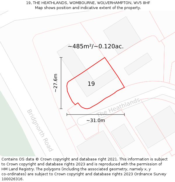 19, THE HEATHLANDS, WOMBOURNE, WOLVERHAMPTON, WV5 8HF: Plot and title map