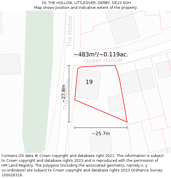 19, THE HOLLOW, LITTLEOVER, DERBY, DE23 6GH: Plot and title map