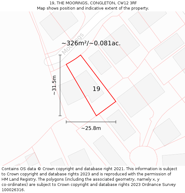 19, THE MOORINGS, CONGLETON, CW12 3RF: Plot and title map