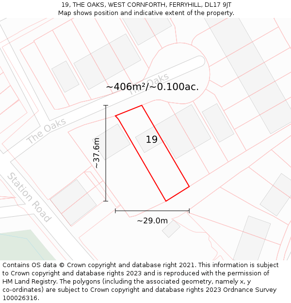 19, THE OAKS, WEST CORNFORTH, FERRYHILL, DL17 9JT: Plot and title map