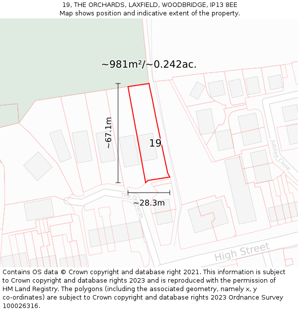 19, THE ORCHARDS, LAXFIELD, WOODBRIDGE, IP13 8EE: Plot and title map