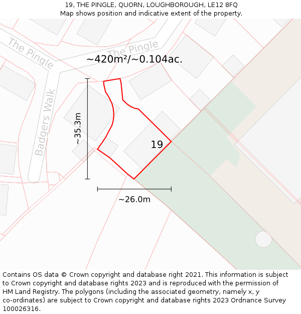 19, THE PINGLE, QUORN, LOUGHBOROUGH, LE12 8FQ: Plot and title map