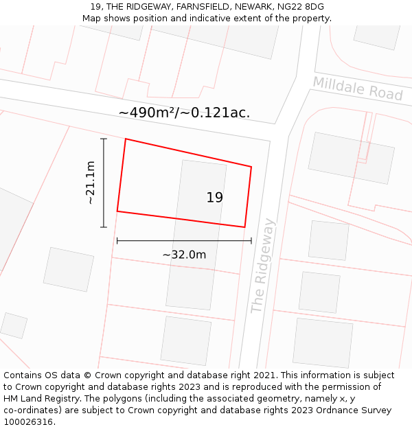 19, THE RIDGEWAY, FARNSFIELD, NEWARK, NG22 8DG: Plot and title map