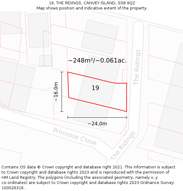 19, THE RIDINGS, CANVEY ISLAND, SS8 9QZ: Plot and title map