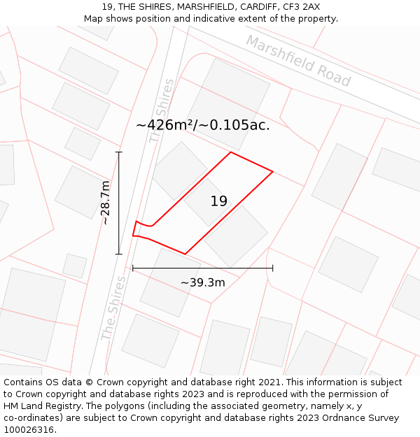 19, THE SHIRES, MARSHFIELD, CARDIFF, CF3 2AX: Plot and title map