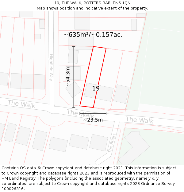 19, THE WALK, POTTERS BAR, EN6 1QN: Plot and title map