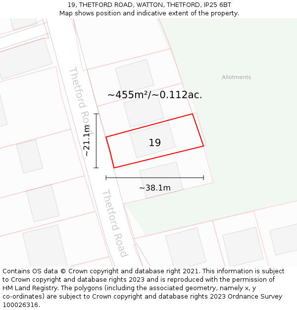 19, THETFORD ROAD, WATTON, THETFORD, IP25 6BT: Plot and title map