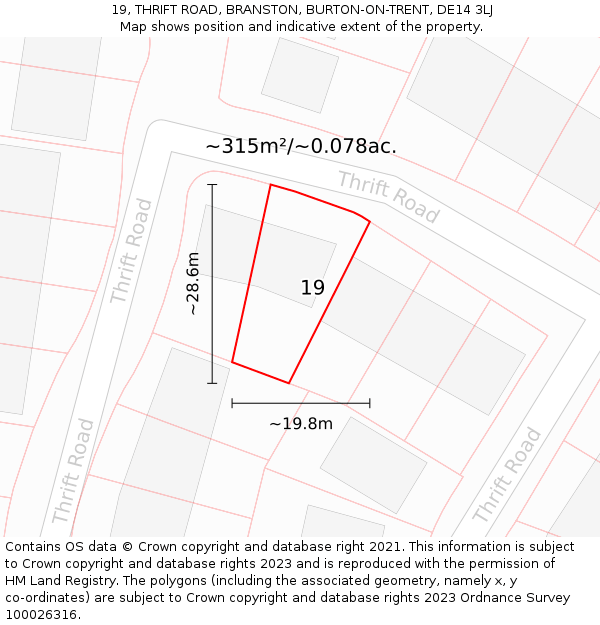 19, THRIFT ROAD, BRANSTON, BURTON-ON-TRENT, DE14 3LJ: Plot and title map