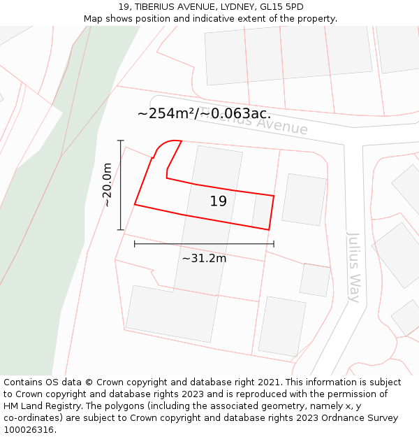 19, TIBERIUS AVENUE, LYDNEY, GL15 5PD: Plot and title map
