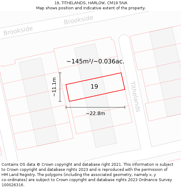 19, TITHELANDS, HARLOW, CM19 5NA: Plot and title map
