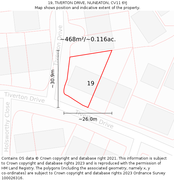 19, TIVERTON DRIVE, NUNEATON, CV11 6YJ: Plot and title map