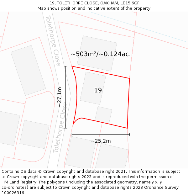 19, TOLETHORPE CLOSE, OAKHAM, LE15 6GF: Plot and title map