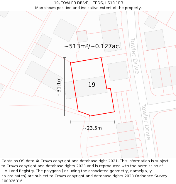 19, TOWLER DRIVE, LEEDS, LS13 1PB: Plot and title map