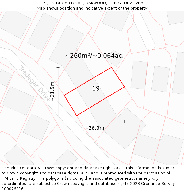 19, TREDEGAR DRIVE, OAKWOOD, DERBY, DE21 2RA: Plot and title map