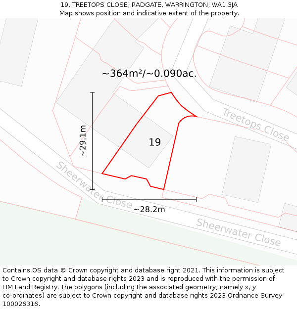 19, TREETOPS CLOSE, PADGATE, WARRINGTON, WA1 3JA: Plot and title map
