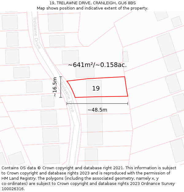 19, TRELAWNE DRIVE, CRANLEIGH, GU6 8BS: Plot and title map