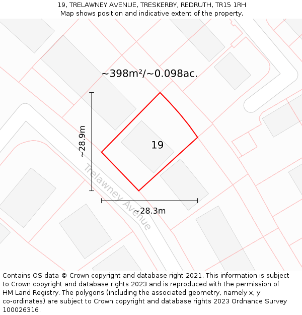 19, TRELAWNEY AVENUE, TRESKERBY, REDRUTH, TR15 1RH: Plot and title map