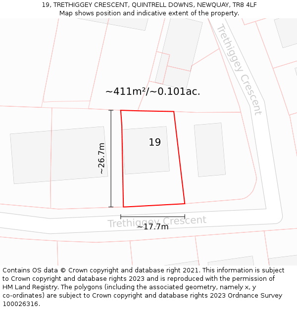 19, TRETHIGGEY CRESCENT, QUINTRELL DOWNS, NEWQUAY, TR8 4LF: Plot and title map