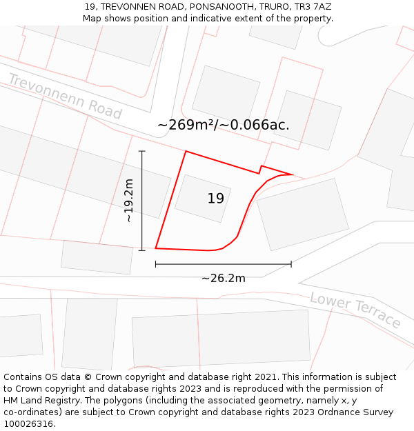 19, TREVONNEN ROAD, PONSANOOTH, TRURO, TR3 7AZ: Plot and title map