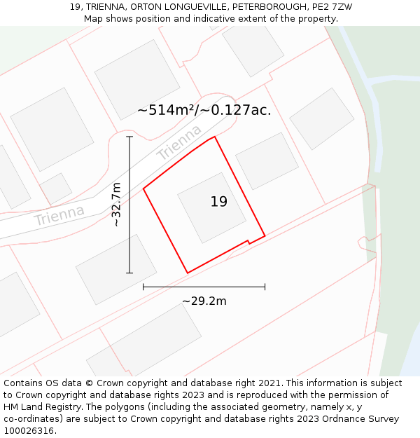 19, TRIENNA, ORTON LONGUEVILLE, PETERBOROUGH, PE2 7ZW: Plot and title map