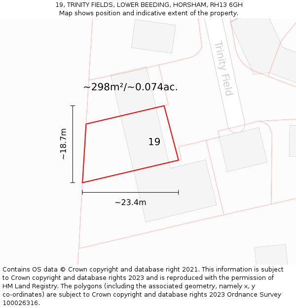 19, TRINITY FIELDS, LOWER BEEDING, HORSHAM, RH13 6GH: Plot and title map
