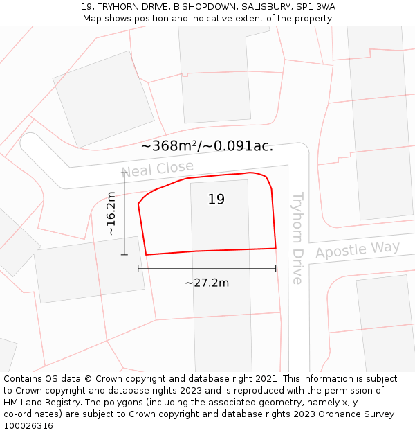 19, TRYHORN DRIVE, BISHOPDOWN, SALISBURY, SP1 3WA: Plot and title map