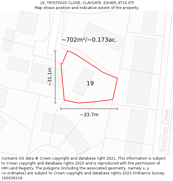 19, TRYSTINGS CLOSE, CLAYGATE, ESHER, KT10 0TF: Plot and title map