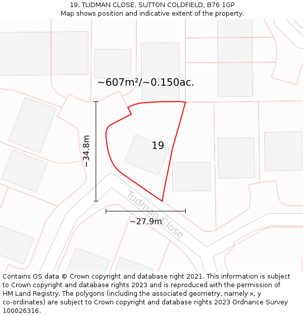 19, TUDMAN CLOSE, SUTTON COLDFIELD, B76 1GP: Plot and title map