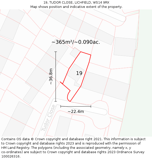 19, TUDOR CLOSE, LICHFIELD, WS14 9RX: Plot and title map
