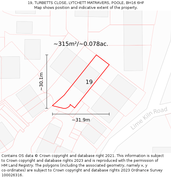 19, TURBETTS CLOSE, LYTCHETT MATRAVERS, POOLE, BH16 6HF: Plot and title map