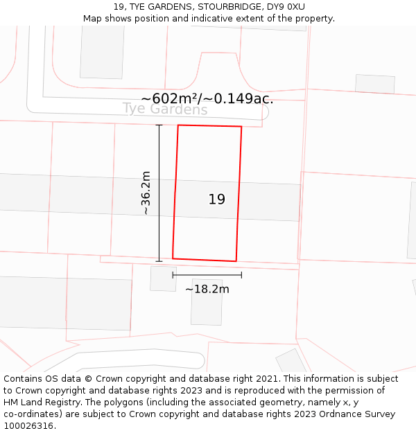 19, TYE GARDENS, STOURBRIDGE, DY9 0XU: Plot and title map