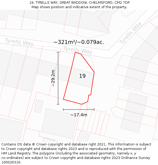 19, TYRELLS WAY, GREAT BADDOW, CHELMSFORD, CM2 7DP: Plot and title map