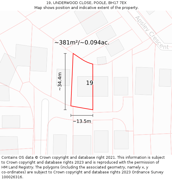 19, UNDERWOOD CLOSE, POOLE, BH17 7EX: Plot and title map