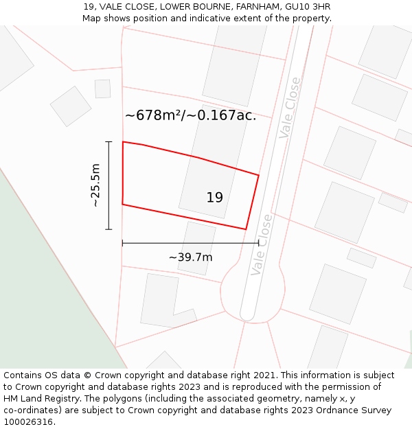 19, VALE CLOSE, LOWER BOURNE, FARNHAM, GU10 3HR: Plot and title map
