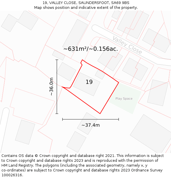 19, VALLEY CLOSE, SAUNDERSFOOT, SA69 9BS: Plot and title map