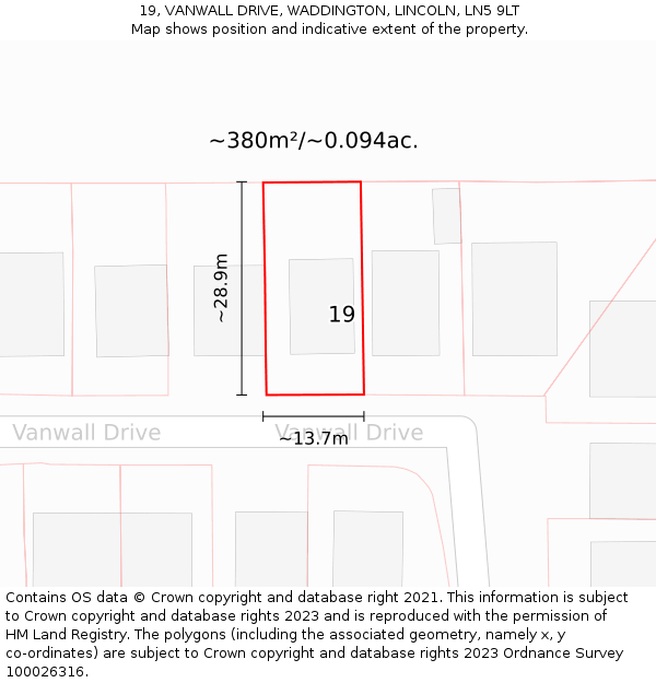 19, VANWALL DRIVE, WADDINGTON, LINCOLN, LN5 9LT: Plot and title map