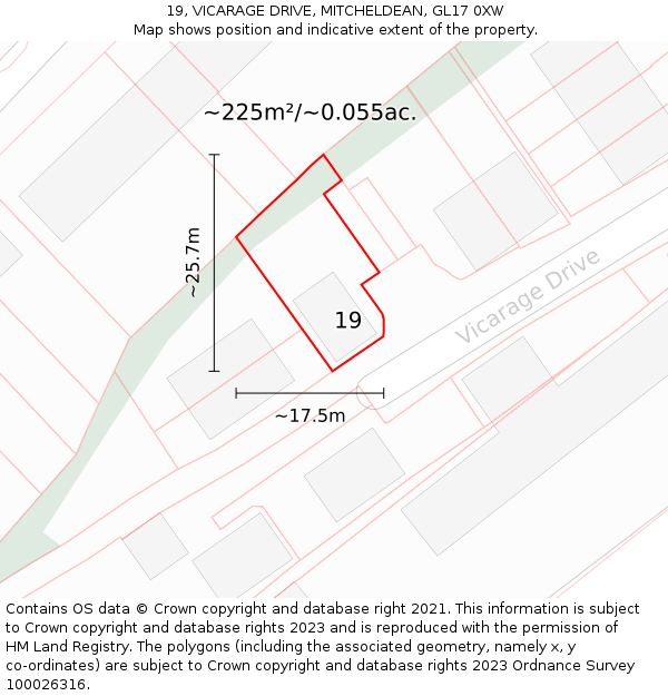 19, VICARAGE DRIVE, MITCHELDEAN, GL17 0XW: Plot and title map